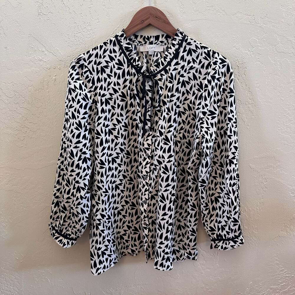 LOFT Black and White Heart Print Ruffle Tie Neck Blouse Size M